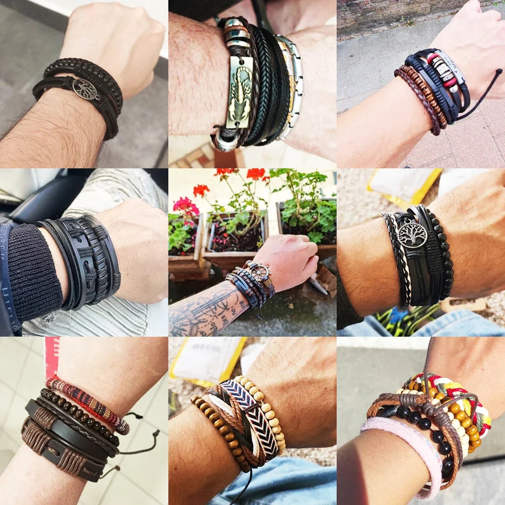 New Trendy Retro 4pcs/Set Bracelets & Bangles Men's Multilayer Black Leather Jewelry Charm Pulseiras Boyfriend Wristband