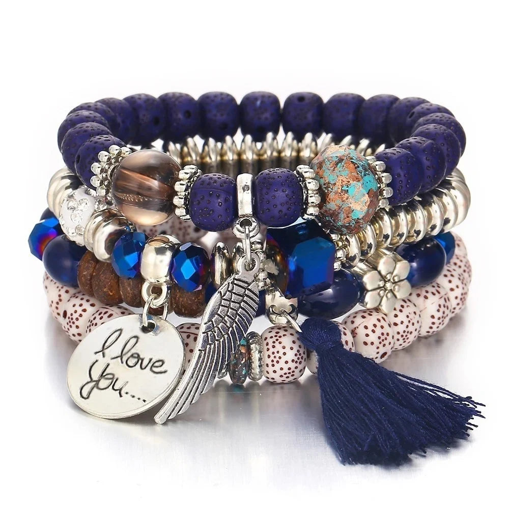 Bohemian Beads Charm Bracelets & Bangles for Women Fashion Love Feather Tassel Bracelet Multilayer Bracelet Femme 2024New