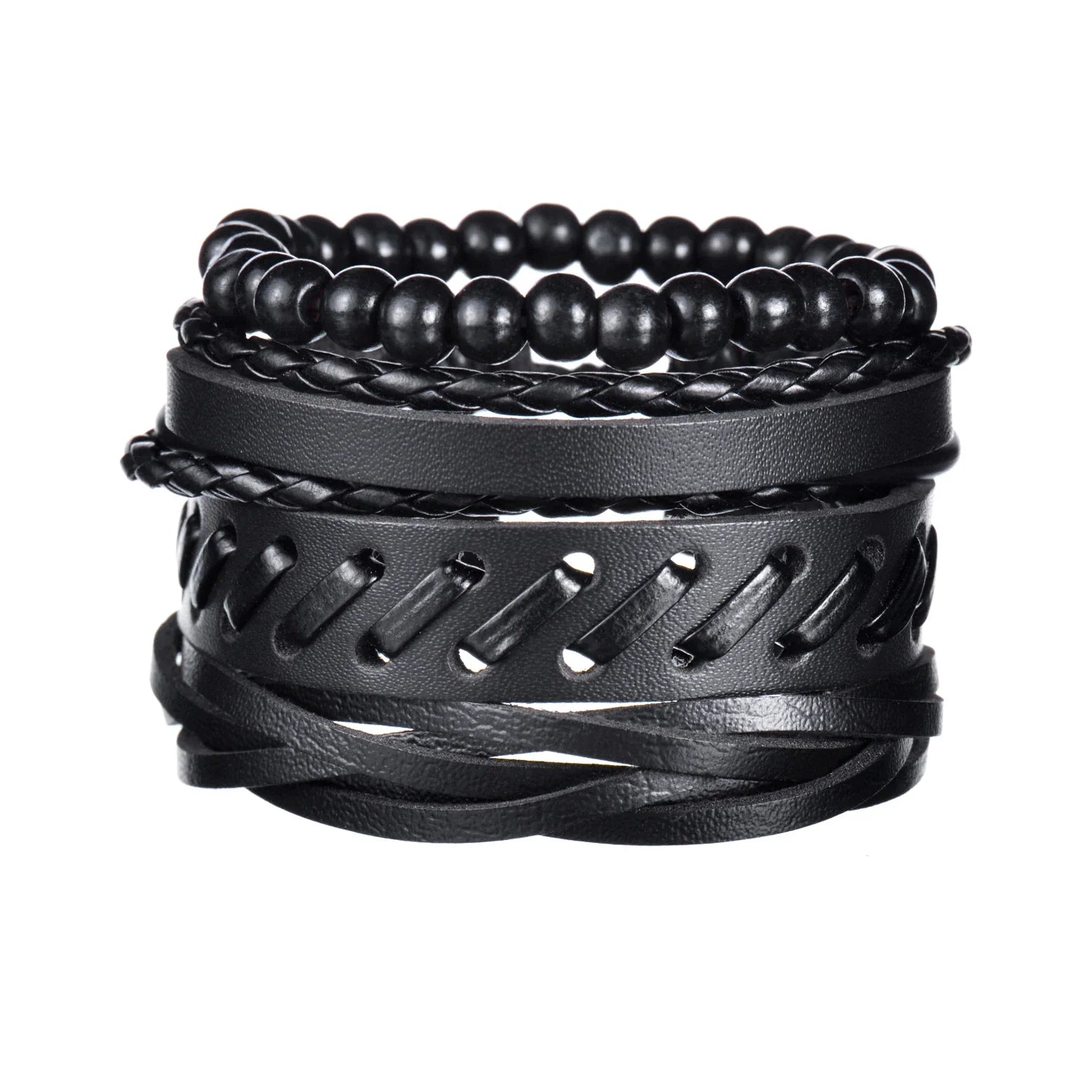 New Trendy Retro 4pcs/Set Bracelets & Bangles Men's Multilayer Black Leather Jewelry Charm Pulseiras Boyfriend Wristband