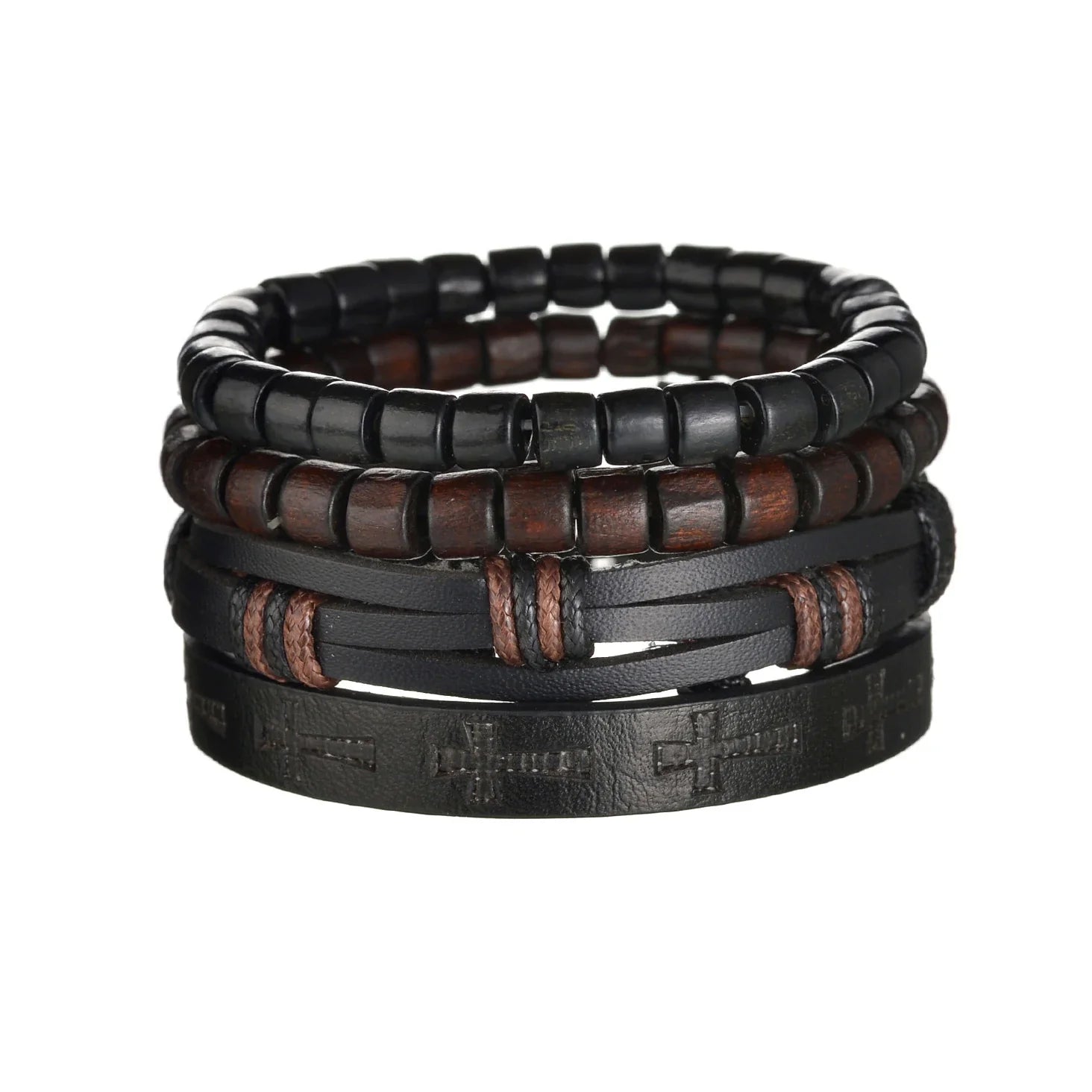 New Trendy Retro 4pcs/Set Bracelets & Bangles Men's Multilayer Black Leather Jewelry Charm Pulseiras Boyfriend Wristband
