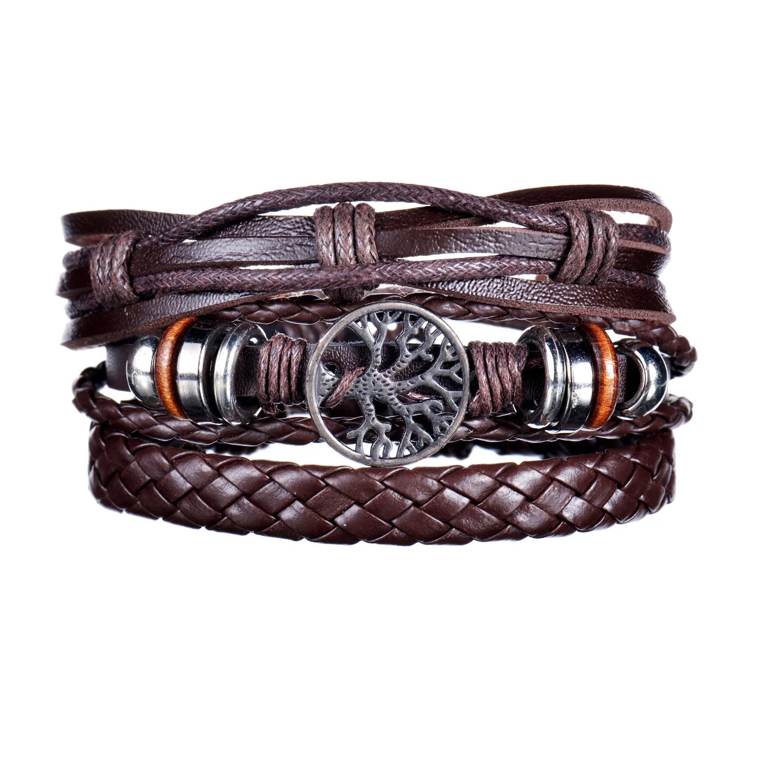New Trendy Retro 4pcs/Set Bracelets & Bangles Men's Multilayer Black Leather Jewelry Charm Pulseiras Boyfriend Wristband