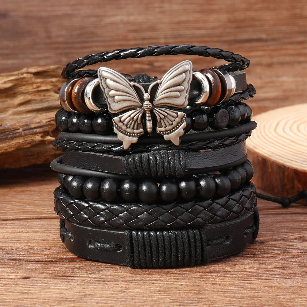 Vintage Ethnic Style Woven Leather Bracelet For Men Bohemian Cross Butterfly Life Tree Leather Bracelets Gifts For Friend