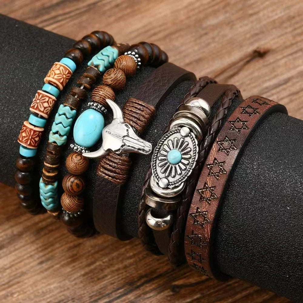 Vintage Feather Casual 6 Pc/set Tree Handmade Men Bracelets Male Women Leather Bracelets Men Bangle Wholesale Jewelry Gift
