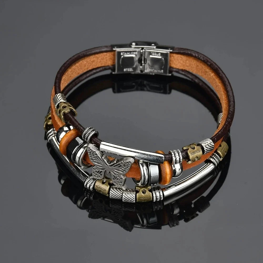 New Trendy Retro 4pcs/Set Bracelets & Bangles Men's Multilayer Black Leather Jewelry Charm Pulseiras Boyfriend Wristband