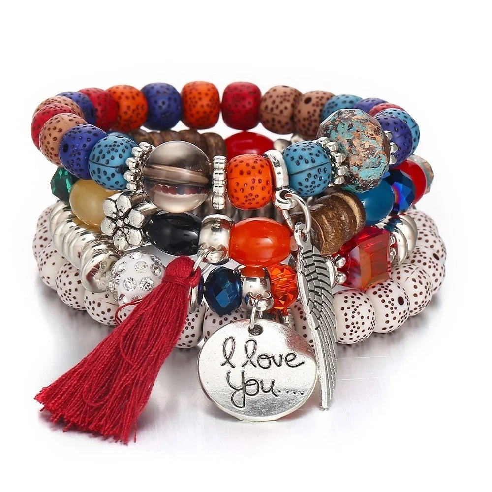 Bohemian Beads Charm Bracelets & Bangles for Women Fashion Love Feather Tassel Bracelet Multilayer Bracelet Femme 2024New