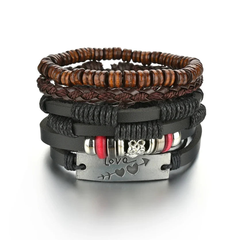 New Trendy Retro 4pcs/Set Bracelets & Bangles Men's Multilayer Black Leather Jewelry Charm Pulseiras Boyfriend Wristband