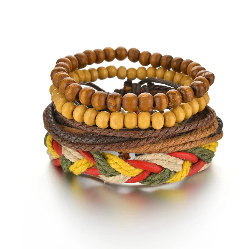 New Trendy Retro 4pcs/Set Bracelets & Bangles Men's Multilayer Black Leather Jewelry Charm Pulseiras Boyfriend Wristband