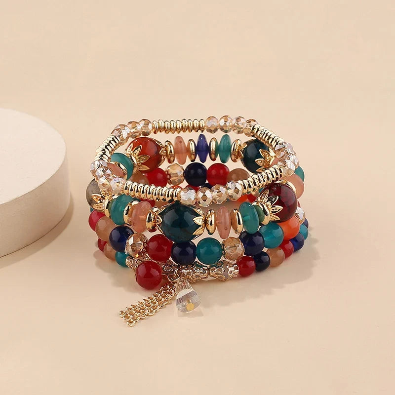 4Pcs Bohemian Women Pink Tassel Bracelet Set For Female I Love You Feather Round Charm Beads Chain Bangle Fashion Party Jewelry