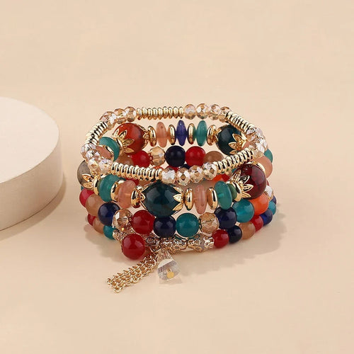 4Pcs Bohemian Women Pink Tassel Bracelet Set For Female I Love You Feather Round Charm Beads Chain Bangle Fashion Party Jewelry