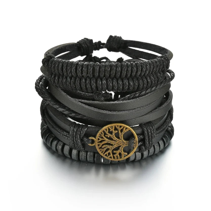 New Trendy Retro 4pcs/Set Bracelets & Bangles Men's Multilayer Black Leather Jewelry Charm Pulseiras Boyfriend Wristband