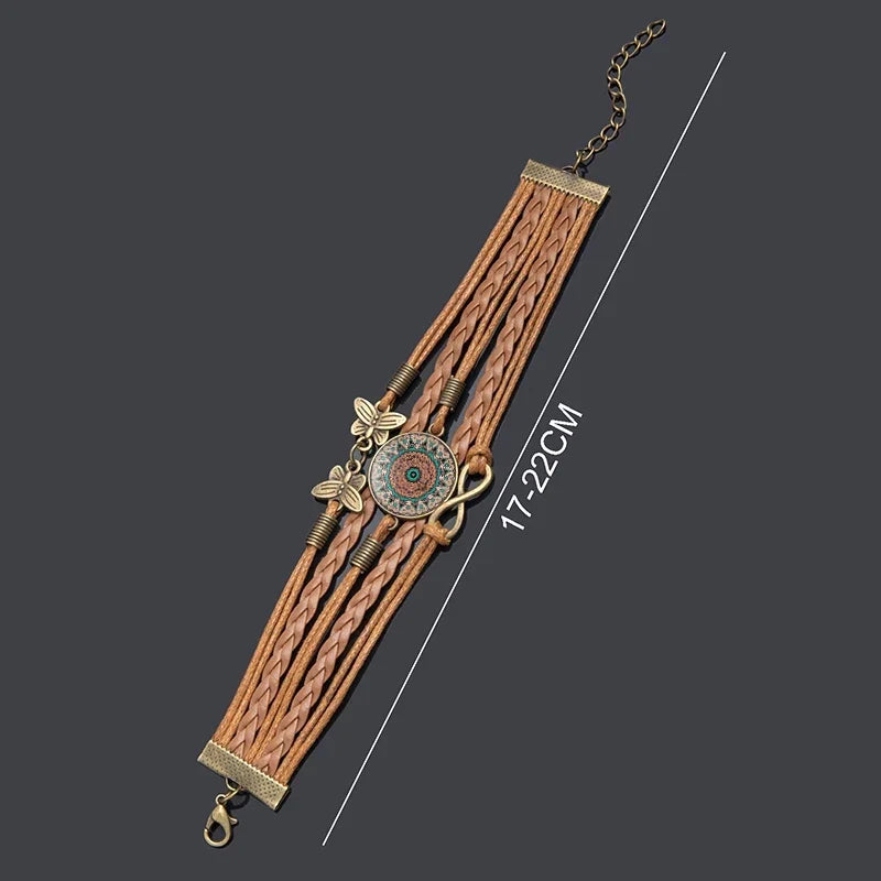 Vintage Mandala Flower Glass Dome Wrap Bracelet Brown Multilayer Woven Leather Bracelets For Women