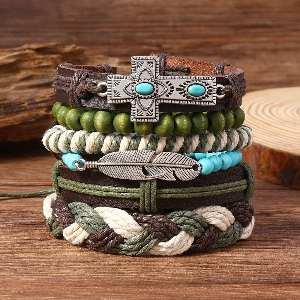 Vintage Ethnic Style Woven Leather Bracelet For Men Bohemian Cross Butterfly Life Tree Leather Bracelets Gifts For Friend