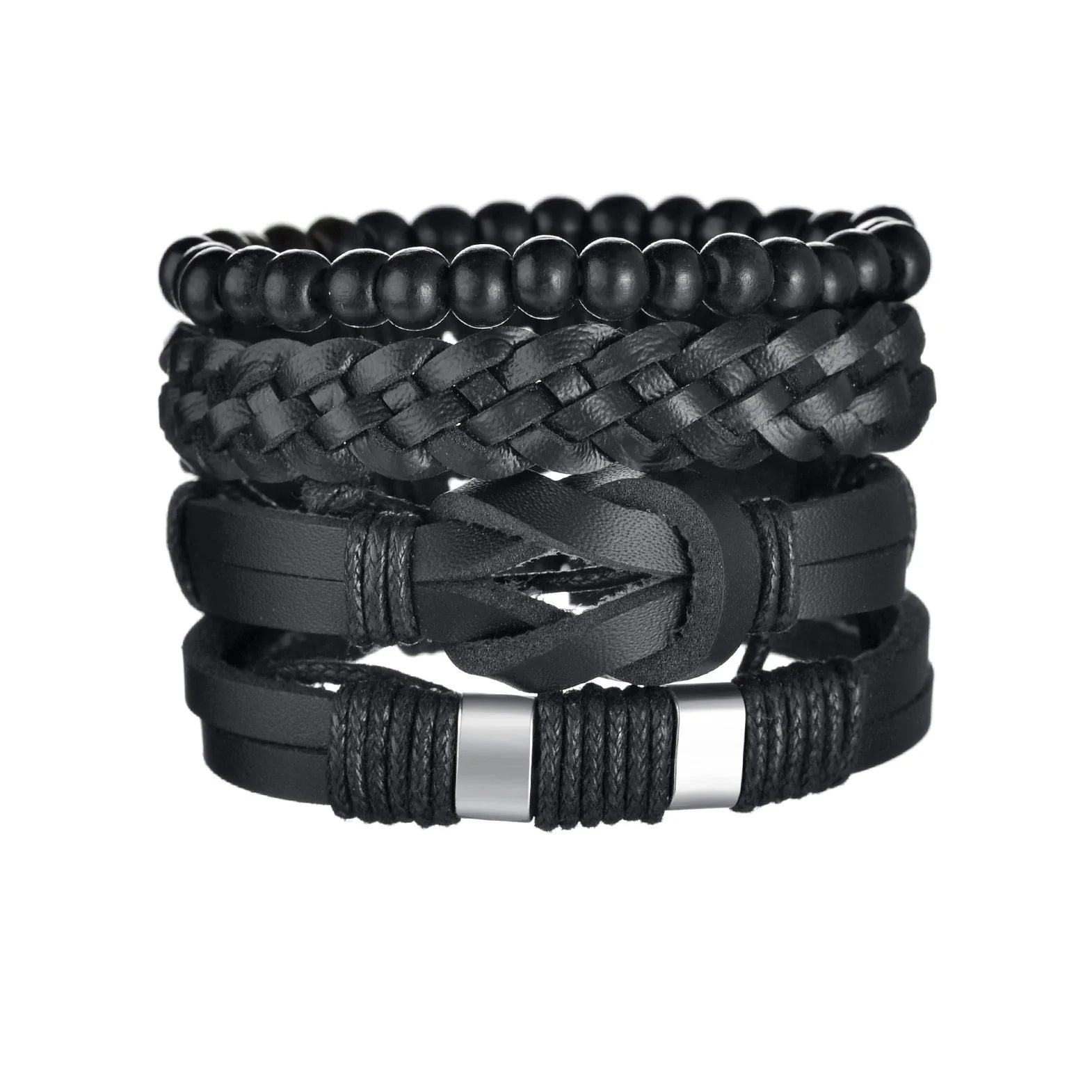 New Trendy Retro 4pcs/Set Bracelets & Bangles Men's Multilayer Black Leather Jewelry Charm Pulseiras Boyfriend Wristband
