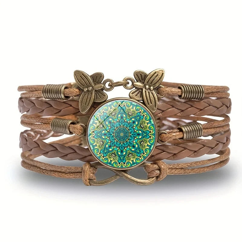 Vintage Mandala Flower Glass Dome Wrap Bracelet Brown Multilayer Woven Leather Bracelets For Women