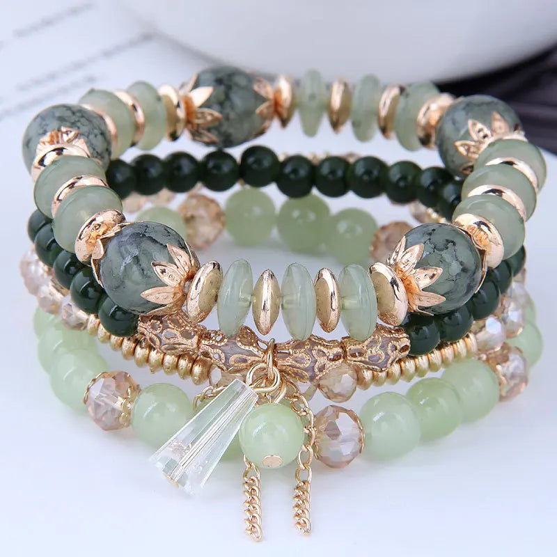 DIEZI Korean Trendy Multicolor Green Crystal Beads Rope Bracelets Women Girls Elastic Tassel Wrap Bracelet Pulseira Feminina