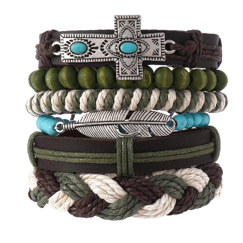 Vintage Ethnic Style Woven Leather Bracelet For Men Bohemian Cross Butterfly Life Tree Leather Bracelets Gifts For Friend