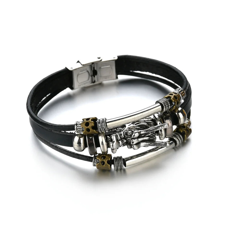 New Trendy Retro 4pcs/Set Bracelets & Bangles Men's Multilayer Black Leather Jewelry Charm Pulseiras Boyfriend Wristband