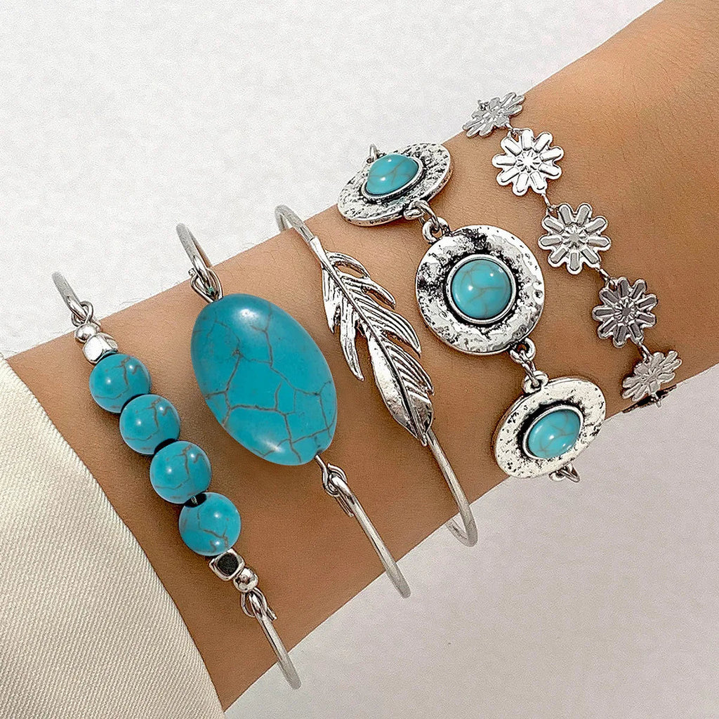 KMVEXO 5Pcs/Set Vintage Bohemian Turquoise Inlaid Bracelets Women Ethnic Style Flower Feather Cuff Bracelet Bangles Boho Jewelry