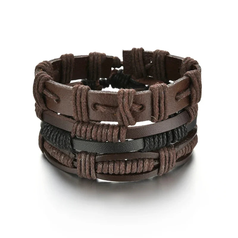 New Trendy Retro 4pcs/Set Bracelets & Bangles Men's Multilayer Black Leather Jewelry Charm Pulseiras Boyfriend Wristband