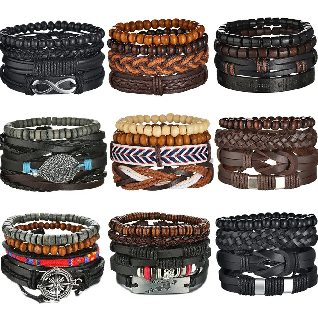 New Trendy Retro 4pcs/Set Bracelets & Bangles Men's Multilayer Black Leather Jewelry Charm Pulseiras Boyfriend Wristband