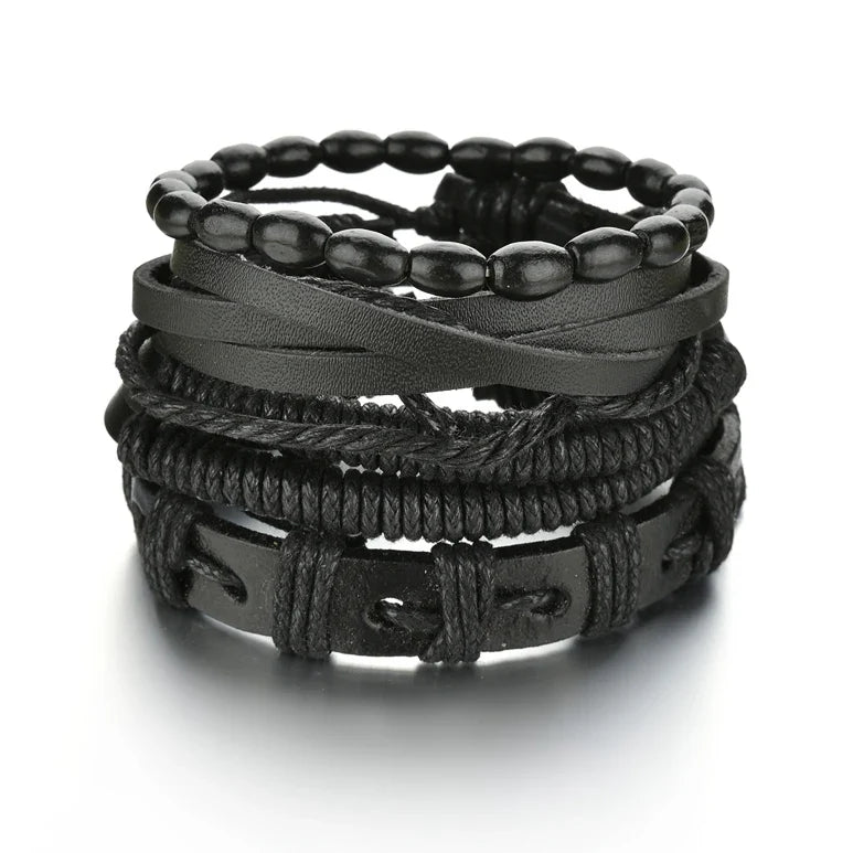 New Trendy Retro 4pcs/Set Bracelets & Bangles Men's Multilayer Black Leather Jewelry Charm Pulseiras Boyfriend Wristband