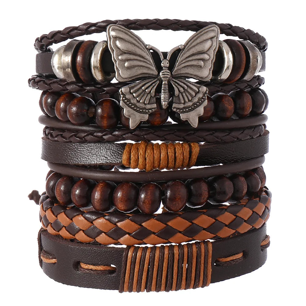 Vintage Ethnic Style Woven Leather Bracelet For Men Bohemian Cross Butterfly Life Tree Leather Bracelets Gifts For Friend