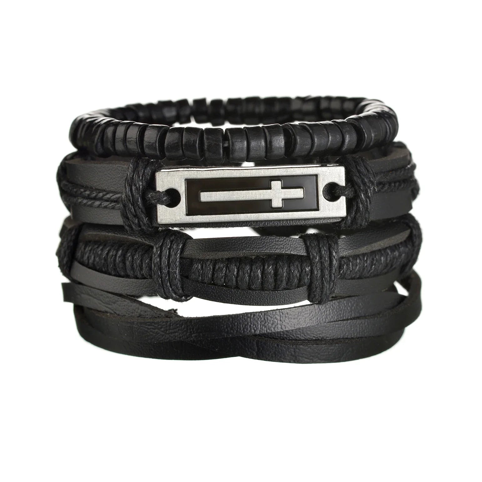 New Trendy Retro 4pcs/Set Bracelets & Bangles Men's Multilayer Black Leather Jewelry Charm Pulseiras Boyfriend Wristband