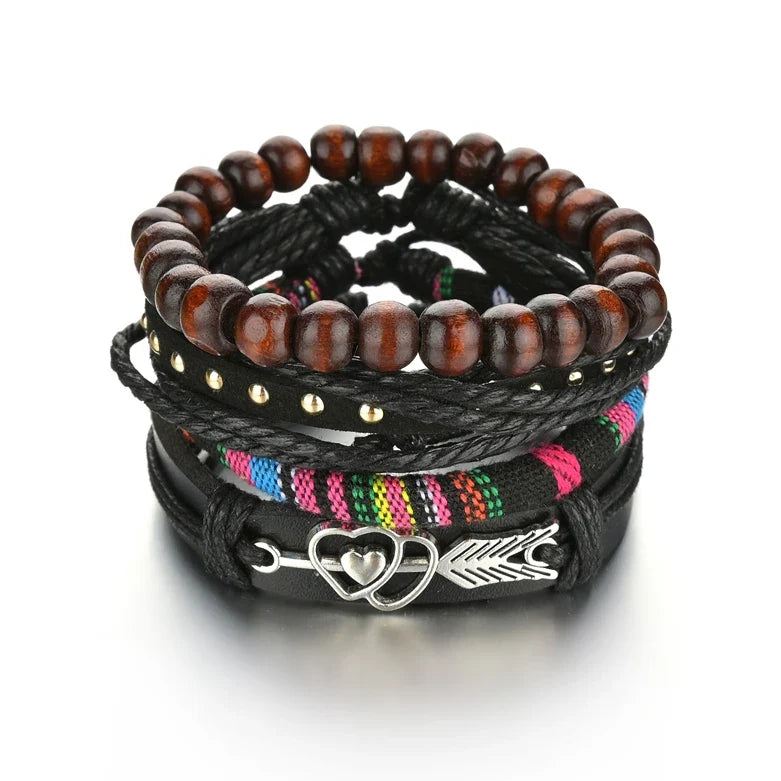 New Trendy Retro 4pcs/Set Bracelets & Bangles Men's Multilayer Black Leather Jewelry Charm Pulseiras Boyfriend Wristband