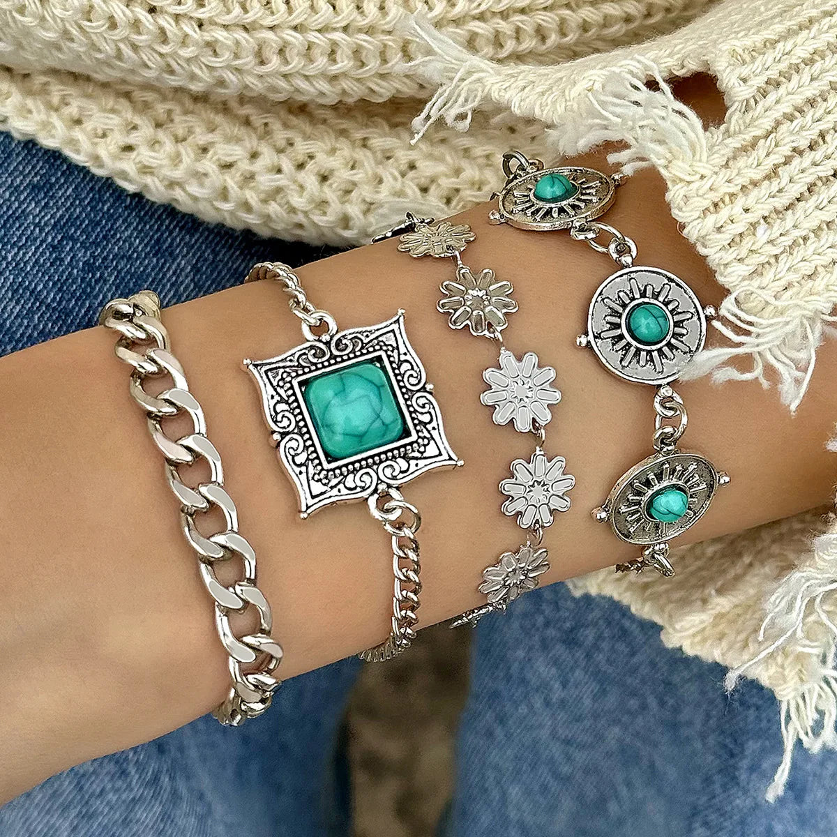 KMVEXO 5Pcs/Set Vintage Bohemian Turquoise Inlaid Bracelets Women Ethnic Style Flower Feather Cuff Bracelet Bangles Boho Jewelry