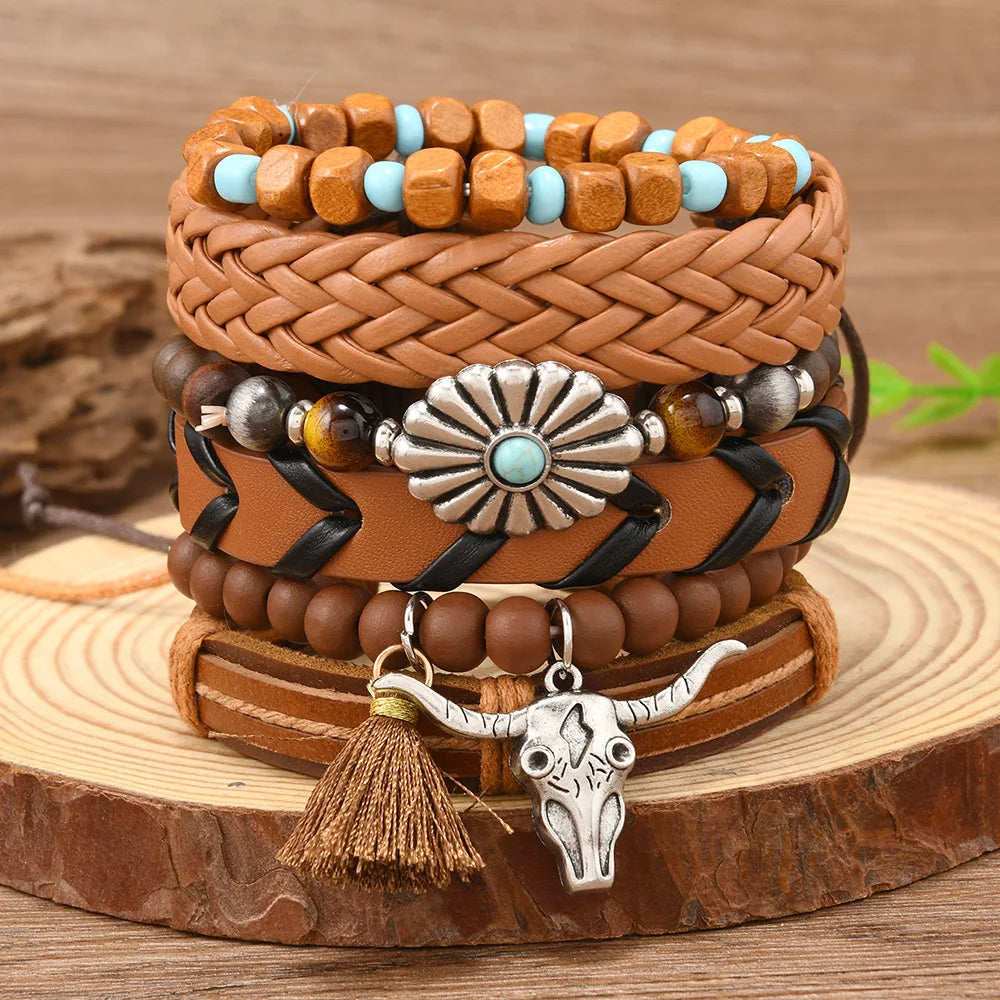 Vintage Feather Casual 6 Pc/set Tree Handmade Men Bracelets Male Women Leather Bracelets Men Bangle Wholesale Jewelry Gift