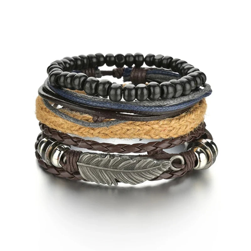 New Trendy Retro 4pcs/Set Bracelets & Bangles Men's Multilayer Black Leather Jewelry Charm Pulseiras Boyfriend Wristband