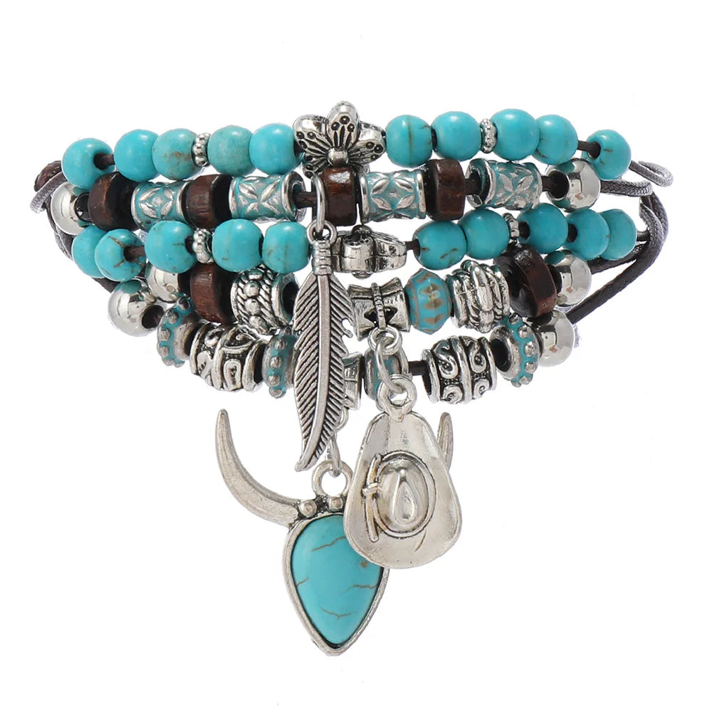 Western Country Hat Animal Head Leaf Feather Women Charm Bracelets Women Leather Bracelets Men Bangle Wholesale Jewelry Gift