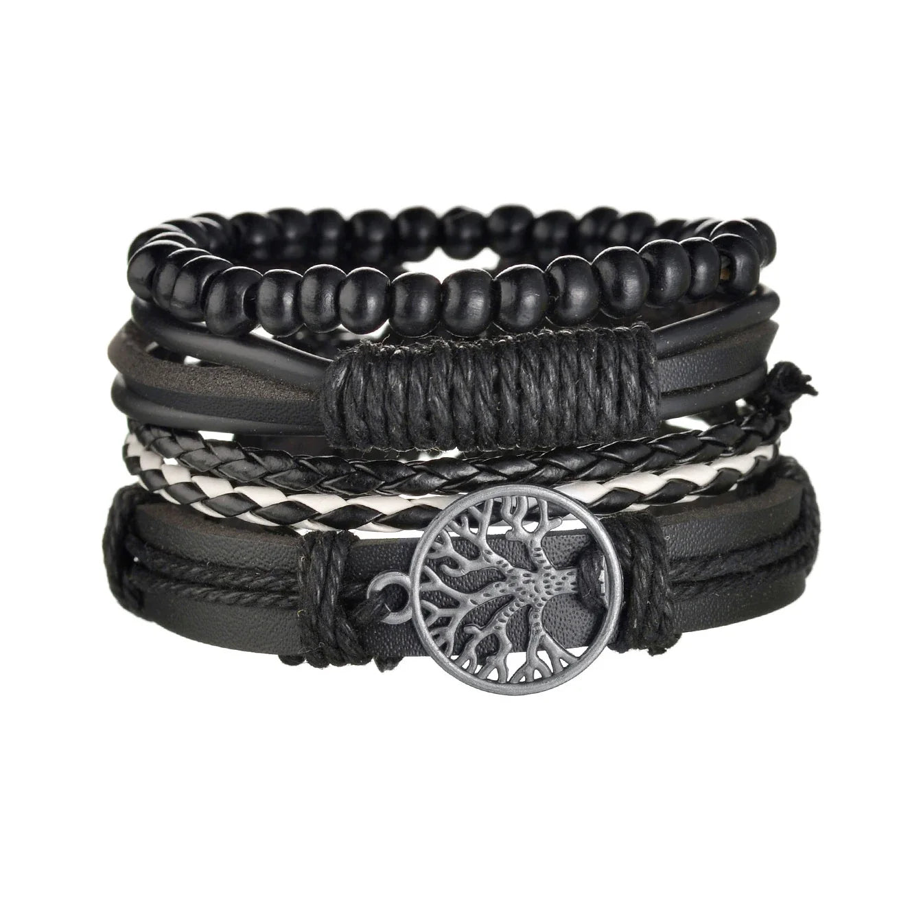 New Trendy Retro 4pcs/Set Bracelets & Bangles Men's Multilayer Black Leather Jewelry Charm Pulseiras Boyfriend Wristband
