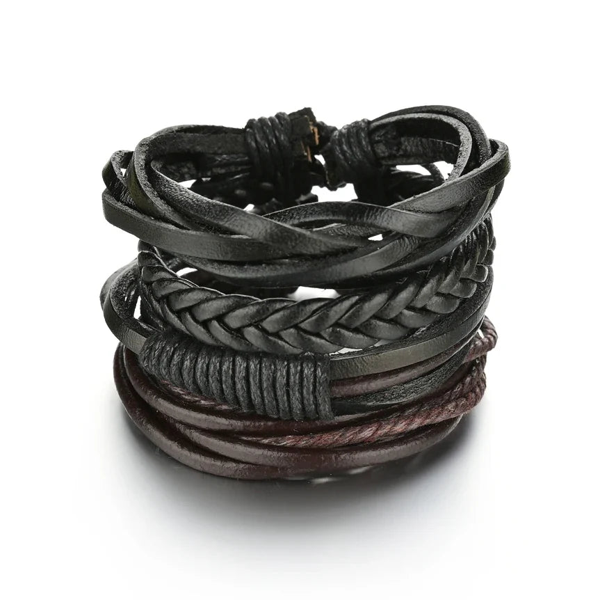 New Trendy Retro 4pcs/Set Bracelets & Bangles Men's Multilayer Black Leather Jewelry Charm Pulseiras Boyfriend Wristband