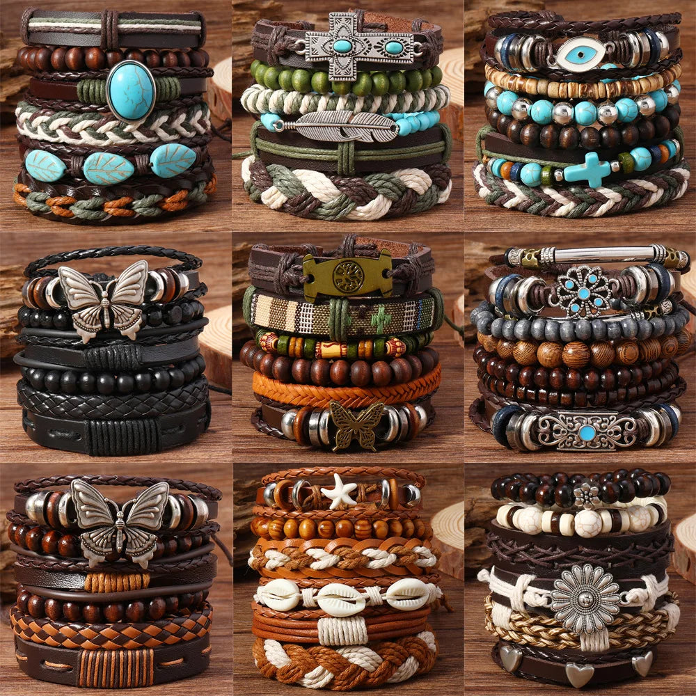 Vintage Ethnic Style Woven Leather Bracelet For Men Bohemian Cross Butterfly Life Tree Leather Bracelets Gifts For Friend