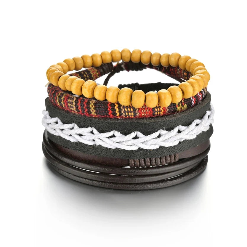 New Trendy Retro 4pcs/Set Bracelets & Bangles Men's Multilayer Black Leather Jewelry Charm Pulseiras Boyfriend Wristband