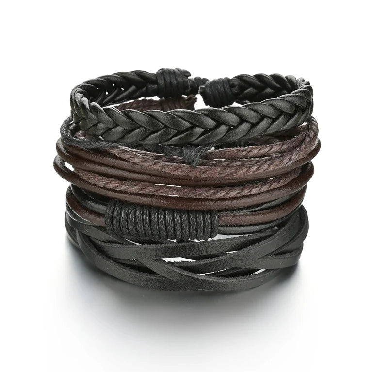 New Trendy Retro 4pcs/Set Bracelets & Bangles Men's Multilayer Black Leather Jewelry Charm Pulseiras Boyfriend Wristband