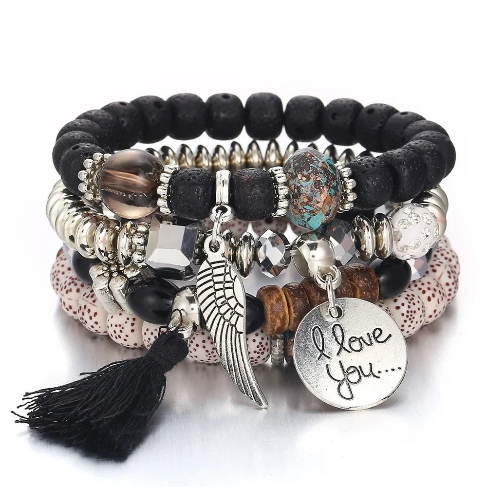 Bohemian Beads Charm Bracelets & Bangles for Women Fashion Love Feather Tassel Bracelet Multilayer Bracelet Femme 2024New