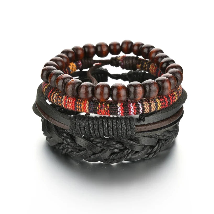 New Trendy Retro 4pcs/Set Bracelets & Bangles Men's Multilayer Black Leather Jewelry Charm Pulseiras Boyfriend Wristband