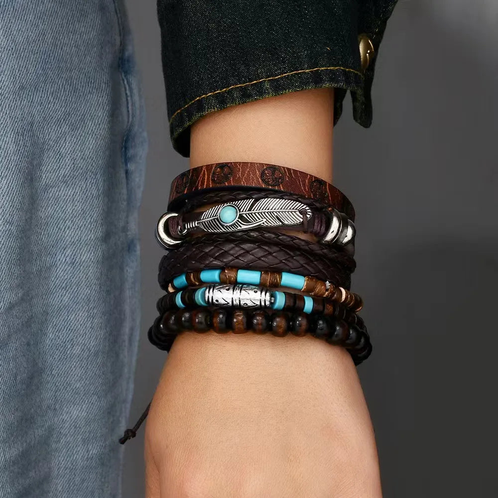 Vintage Feather Casual 6 Pc/set Tree Handmade Men Bracelets Male Women Leather Bracelets Men Bangle Wholesale Jewelry Gift