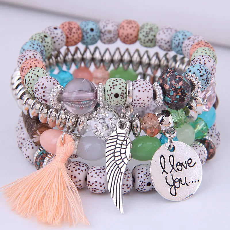 Bohemian Beads Charm Bracelets & Bangles for Women Fashion Love Feather Tassel Bracelet Multilayer Bracelet Femme 2024New