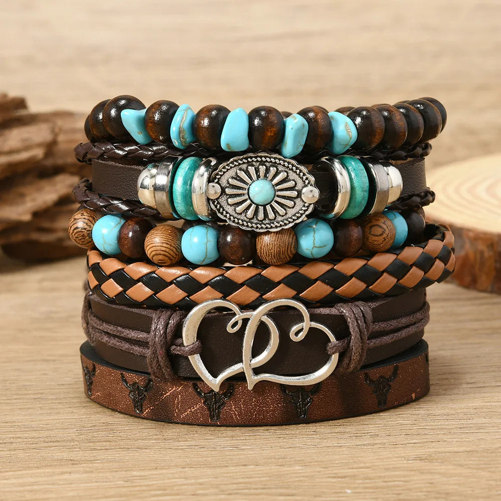 Vintage Feather Casual 6 Pc/set Tree Handmade Men Bracelets Male Women Leather Bracelets Men Bangle Wholesale Jewelry Gift