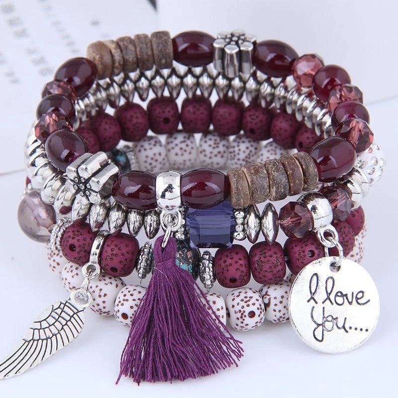 Bohemian Beads Charm Bracelets & Bangles for Women Fashion Love Feather Tassel Bracelet Multilayer Bracelet Femme 2024New
