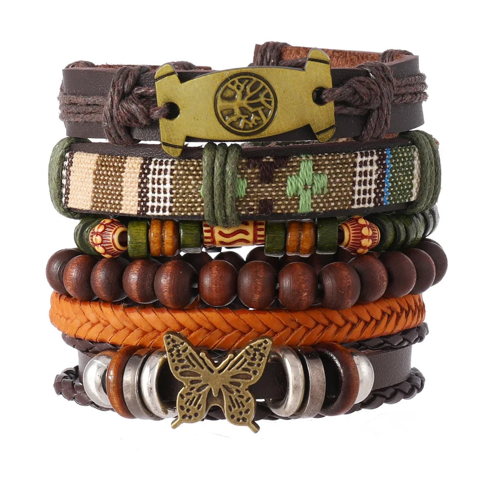 Vintage Ethnic Style Woven Leather Bracelet For Men Bohemian Cross Butterfly Life Tree Leather Bracelets Gifts For Friend
