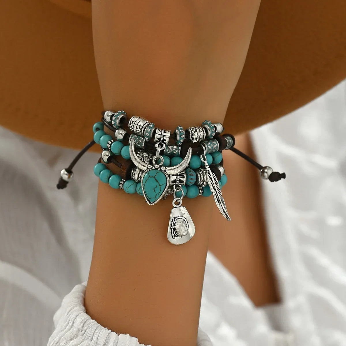 Western Country Hat Animal Head Leaf Feather Women Charm Bracelets Women Leather Bracelets Men Bangle Wholesale Jewelry Gift