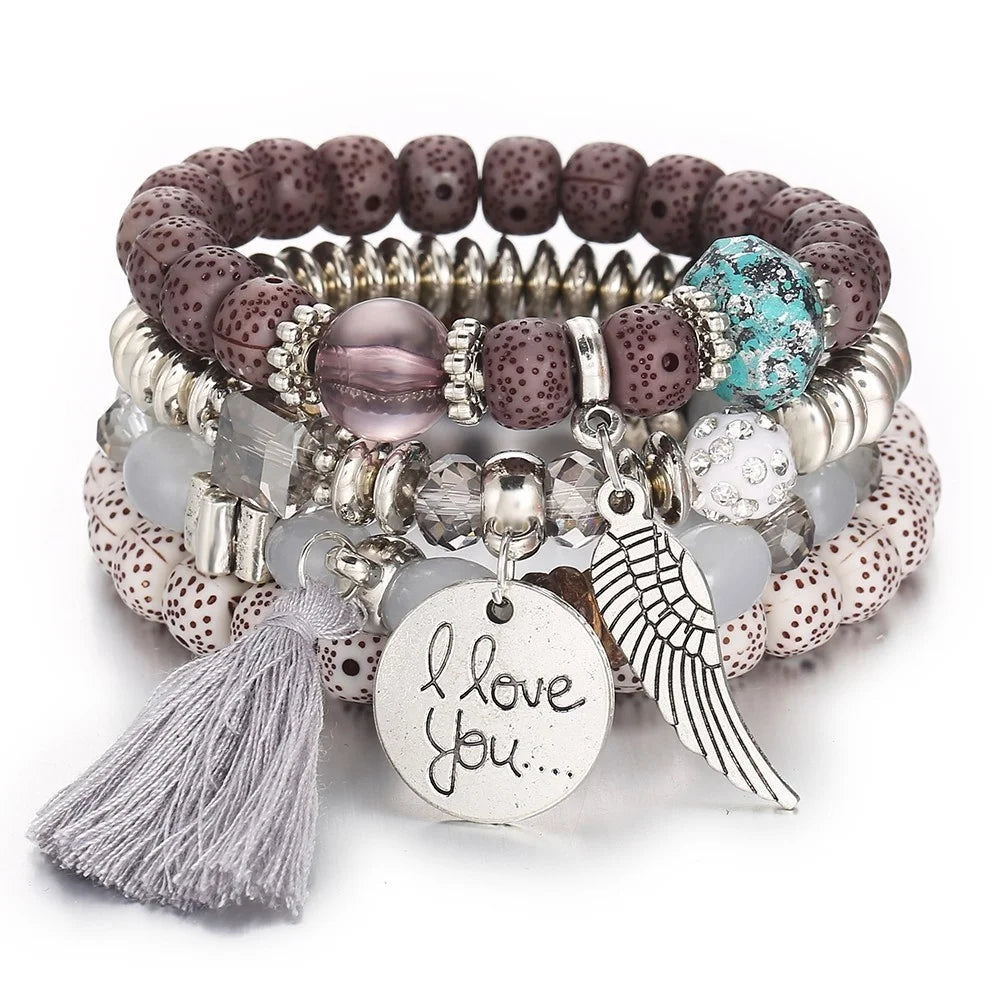 Bohemian Beads Charm Bracelets & Bangles for Women Fashion Love Feather Tassel Bracelet Multilayer Bracelet Femme 2024New