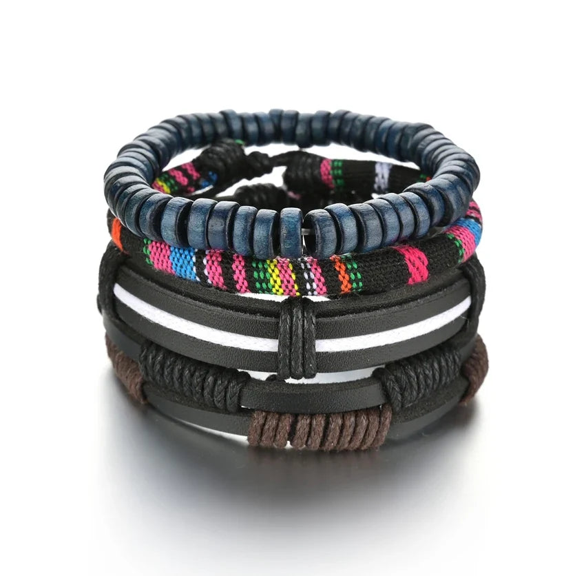 New Trendy Retro 4pcs/Set Bracelets & Bangles Men's Multilayer Black Leather Jewelry Charm Pulseiras Boyfriend Wristband