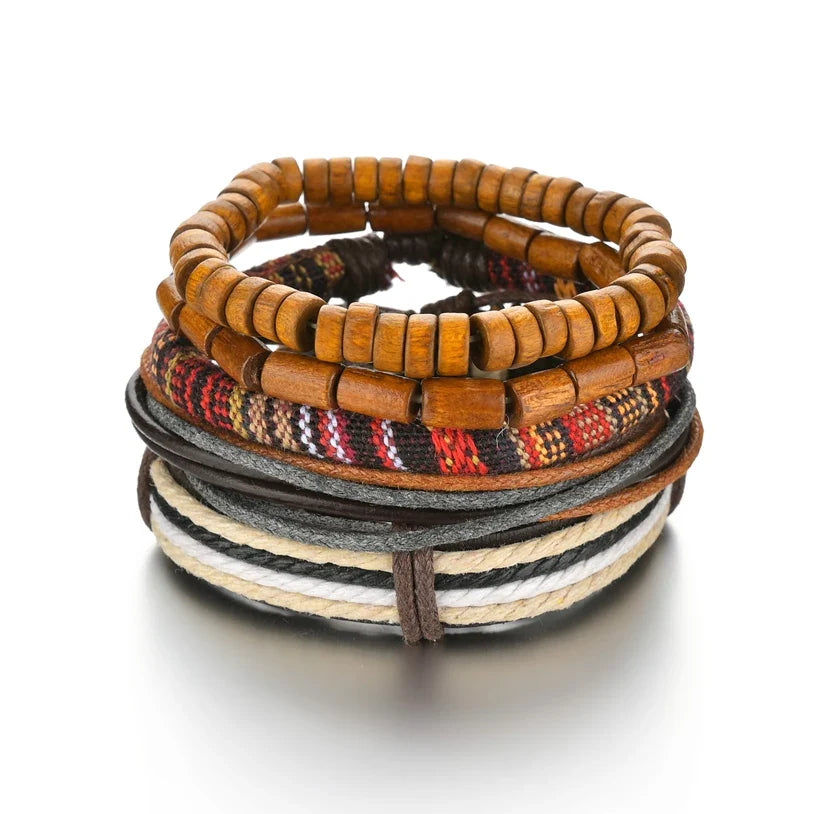 New Trendy Retro 4pcs/Set Bracelets & Bangles Men's Multilayer Black Leather Jewelry Charm Pulseiras Boyfriend Wristband