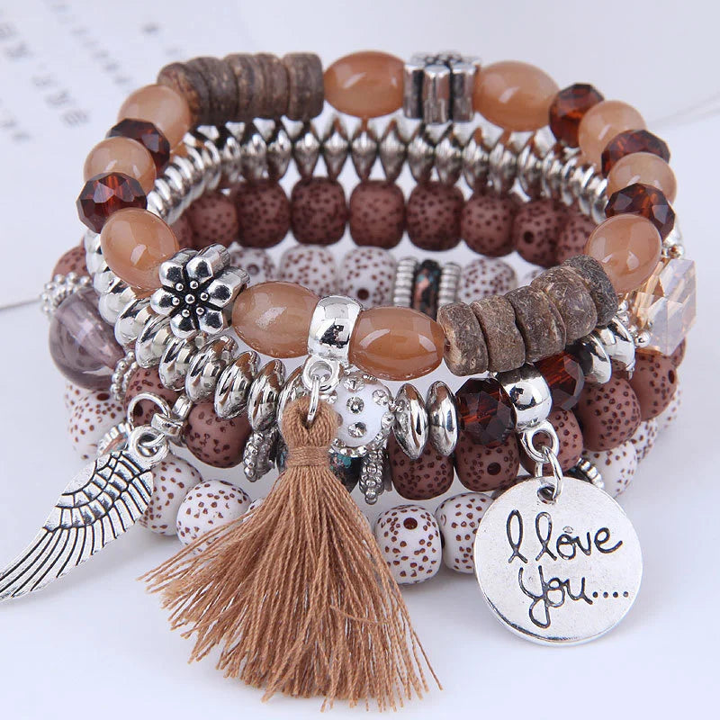 Bohemian Beads Charm Bracelets & Bangles for Women Fashion Love Feather Tassel Bracelet Multilayer Bracelet Femme 2024New
