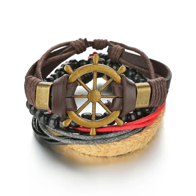New Trendy Retro 4pcs/Set Bracelets & Bangles Men's Multilayer Black Leather Jewelry Charm Pulseiras Boyfriend Wristband